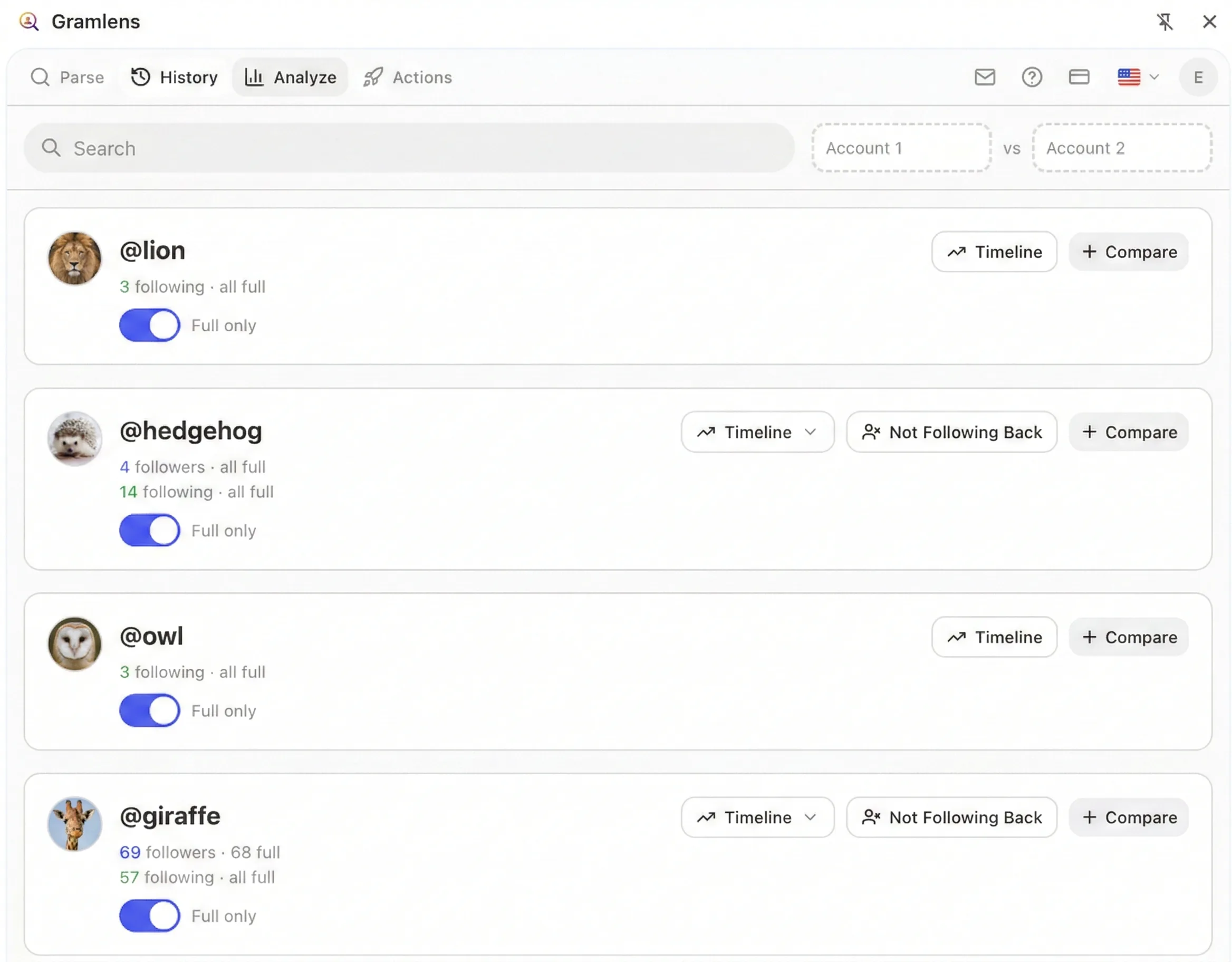 Side Panel showing the Analyze tab: list of tracked accounts with avatars, follower/following counts, and Timeline/Compare action buttons for each account.