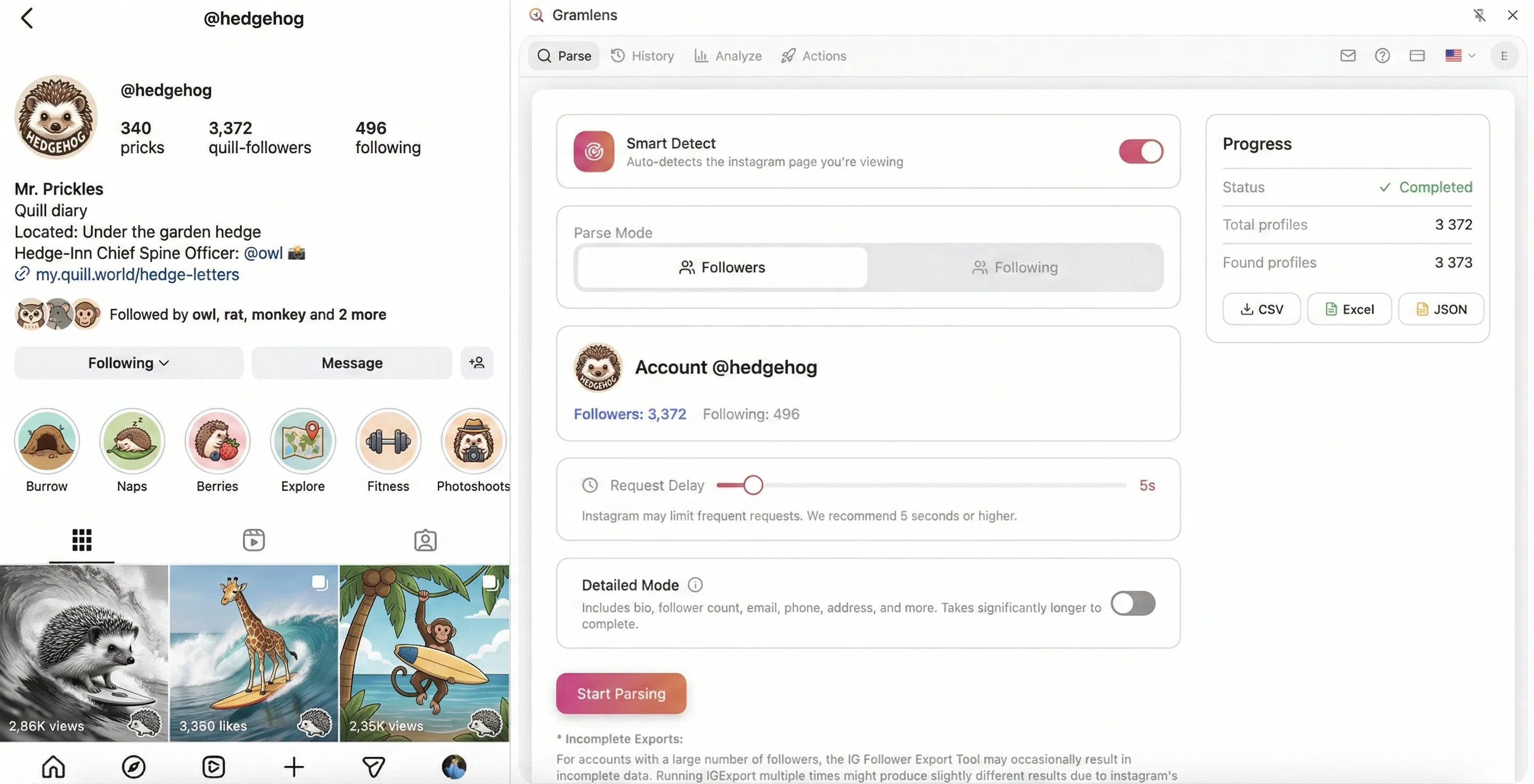 Side Panel with parse results: a data table showing avatars, usernames, full names, and follower counts. Export buttons (CSV, Excel, JSON) visible at the bottom. Instagram profile page in the background.