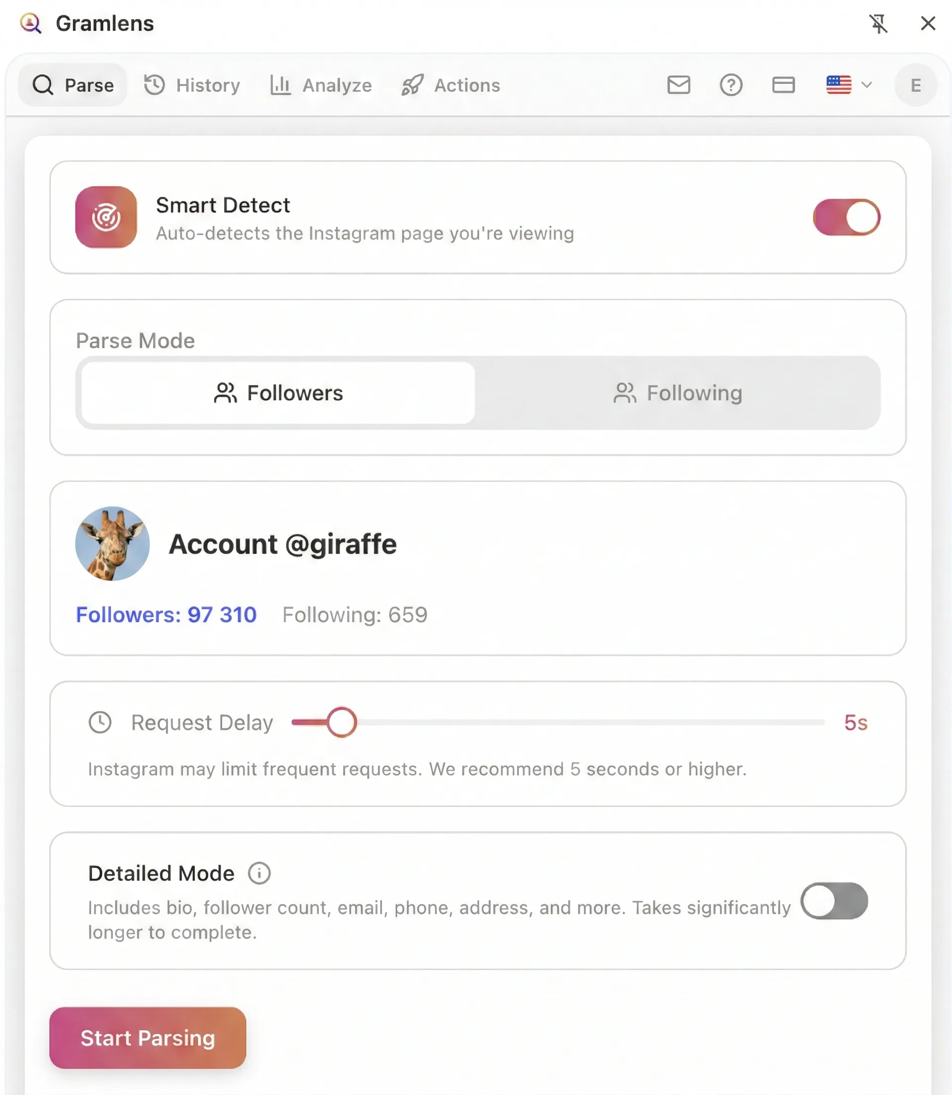 Chrome Side Panel open next to an Instagram profile page. The Side Panel shows the Parse tab with a table of parsed follower results (avatars, usernames, full names). Light theme.